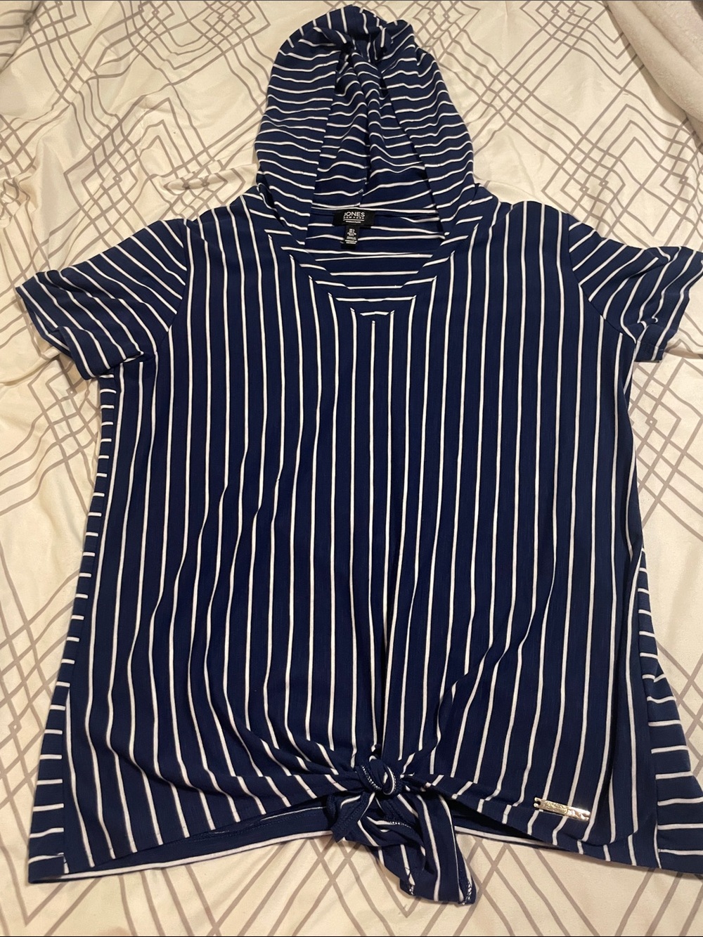 a new day Navy & White Striped Hooded Tie-Front Tee